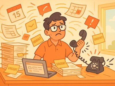 Small business owner at a cluttered desk with ringing phone, piles of paperwork, and sticky notes labeled “urgent,” while calendar pages and digital notifications swirl in the background; warm daylight and a frazzled-but-determined expression sugge...