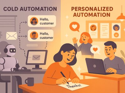 Split office scene: left side shows cold, robotic automation with generic templated messages; right side shows a warm, lively team personalizing handwritten notes and friendly digital chats. A gentle glow highlights the shift from impersonal to human c...