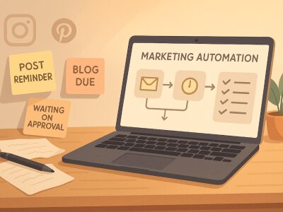 Warm, hopeful scene of a cluttered desk with sticky notes reading “Post Reminder,” “Blog Due,” and “Waiting on Approval,” next to a sleek laptop showing an automated marketing workflow dashboard, with subtle Instagram and Pinterest icons an...