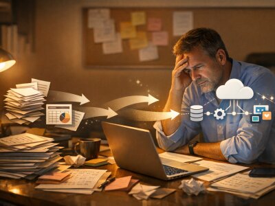 A tired business owner sits at a cluttered desk at night with spreadsheets and sticky notes beside a glowing laptop, while a subtle graphic shows arrows moving from messy paperwork to connected cloud app icons, representing admin work streamlined by AP...