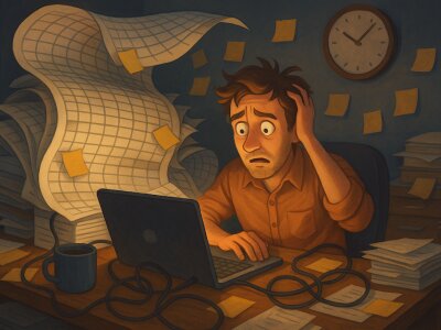 Digital painting of a frazzled small business owner in a cozy but cluttered nighttime office, surrounded by giant overflowing spreadsheets, sticky notes, and tangled cables; a glowing monitor and late wall clock hint at overwhelm yet a hopeful escape.